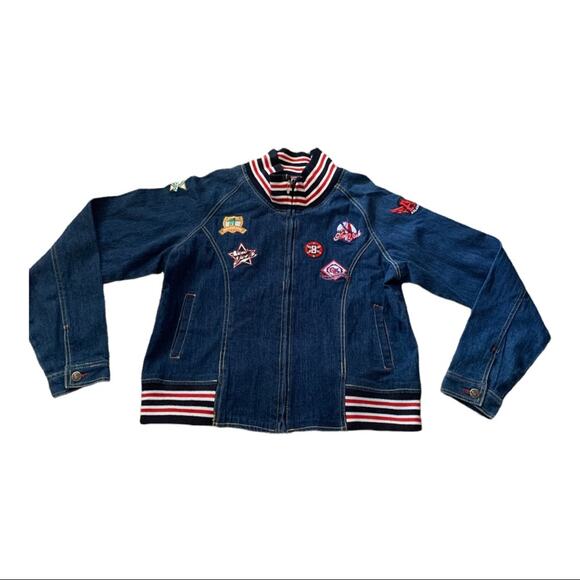 Vintage baseball denim jacket size 2x xl large varsity coat New York Boston patc - Picture 1 of 8